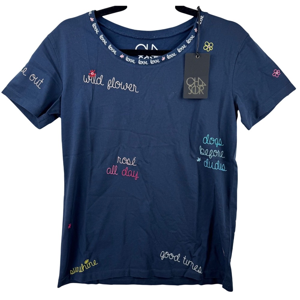 NEW Chaser Embroidered Graphic Tee Womens Small Navy Blue Cotton Whimsical Boho
